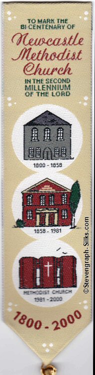 bookmark with title words and three views of the church through the ages