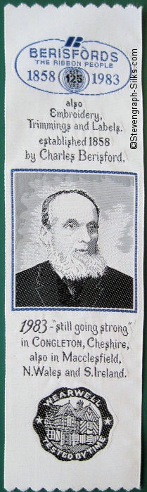 advertising bookmark with title words and woven portrait of Charles Berisford