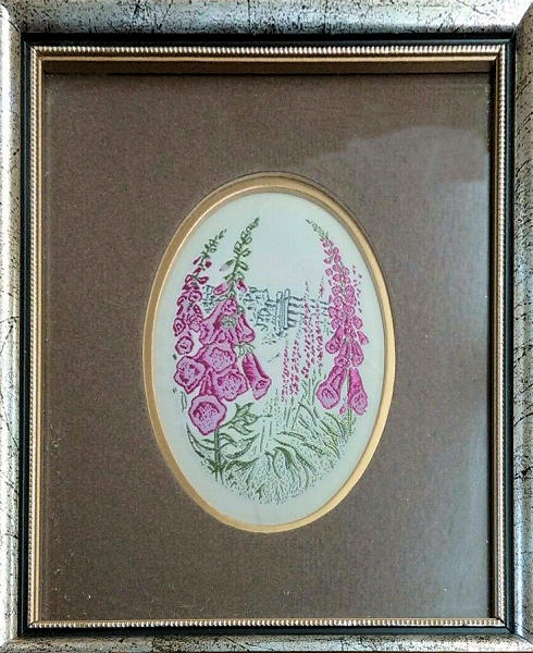 Framed woven picture of a Foxglove flower
