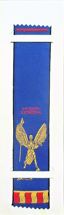 woven bookmark with tile words - Coventry Cathedral - and image of the St. Michael holding down the devil