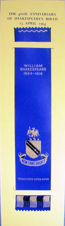 woven bookmark with tile words - William Shakespeare 1564 - 1616 - and image of the Shakespeare crest