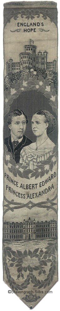 Bookmark with title words and portraits of Prince Albert Edward (later King Edward VII) and Princess Alexandra (later Queen)