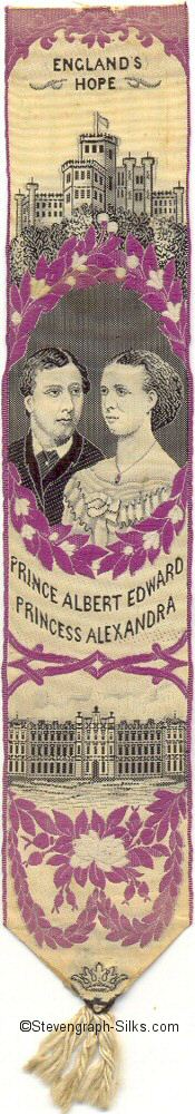 Bookmark with title words and portraits of Prince Albert Edward (later King Edward VII) and Princess Alexandra (later Queen)