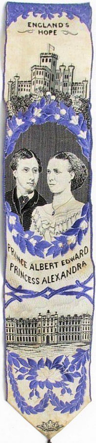 Bookmark with title words and portraits of Prince Albert Edward (later King Edward VII) and Princess Alexandra (later Queen)