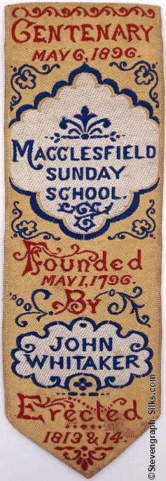 silk woven bookmark of Macclesfield Sunday School Centenary of 6 May, 1896