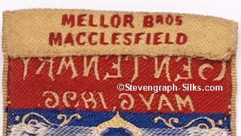 woven credit of Mellor Bros, Macclesfield, on reverse top turnover on this silk bookmark