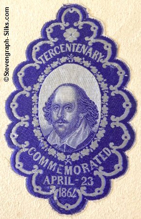silk with portrait of William Shakespeare and words Tercentenary / Commemorated April 23 1864