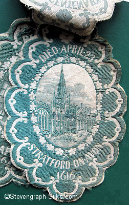 middle silk of three, with image of Stratford Church and words Died April 23 / Stratford on Avon, 1616