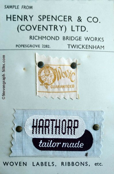 Sampler card with two woven clothing labels