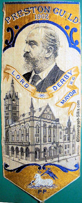 Bookmark with title words, image of Lord Derby during his time as Mayor, and image of the Municipal Building