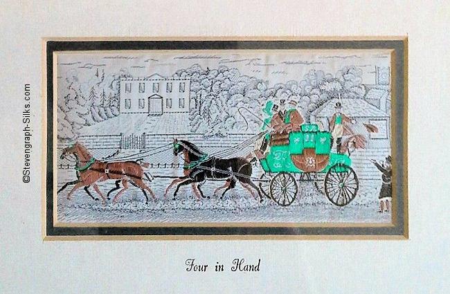 Framed woven picture of coach pulled by four horses
