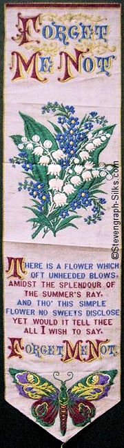 Bookmark with words of title, image of lily of the valley and forget-me-not flowers, and words of verse