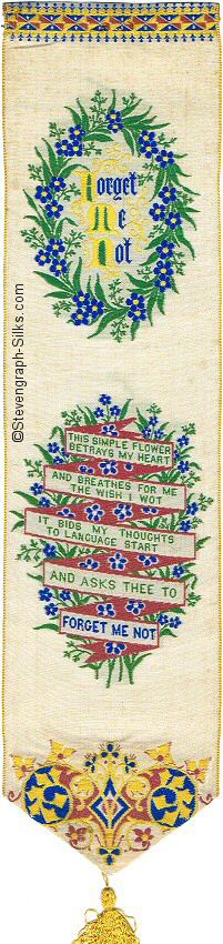 Bookmark with title words inside a wreath of flowers, and words of a verse on a ribbon wrapped around a second wreath