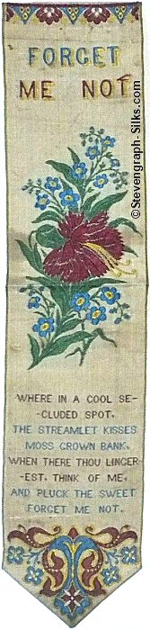 Bookmark with title words, image of roses, and words of verse