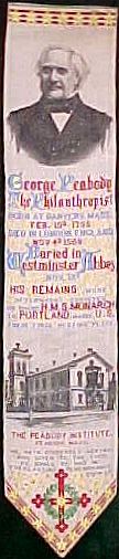 Bookmark with portrait of George Peabody, words of his birth and death, and image of The Peabody Institute, Mass. USA
