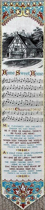 Bookmark with image of country cottage, title words, musical notes, and words of two verses