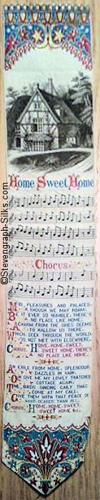Bookmark with image of country cottage, title words, musical notes, and words of two verses, each row starting with a capital letter