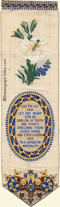 same bookmark, with words and pattern in different coloured silk