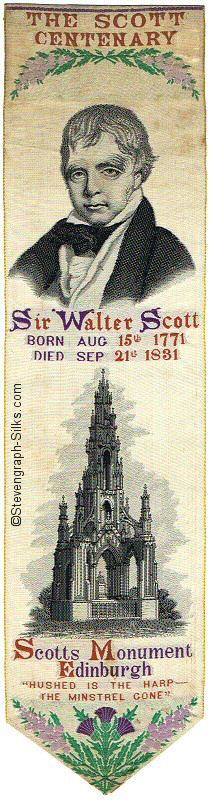 Bookmark with title words, portrait of Scott, and picture of the Scott's Monument in Edinburgh, Scotland