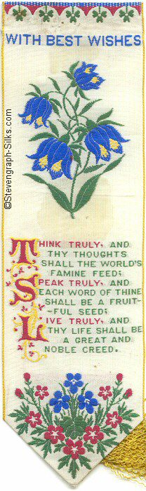 Bookmark with title words, image of a single lily branch and more words