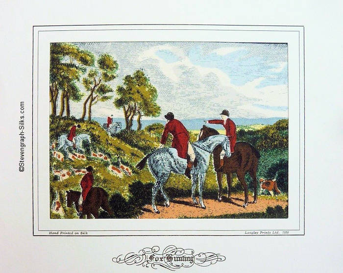 printed view of men on horseback and dogs, clearing a copse