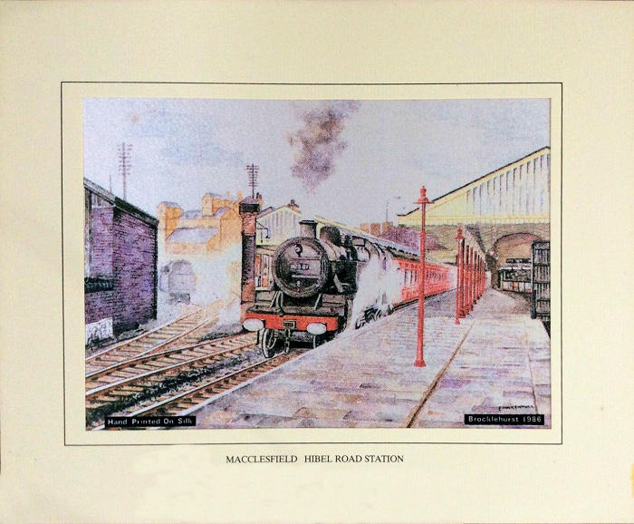 printed view of railway station with steam train waiting at the platform