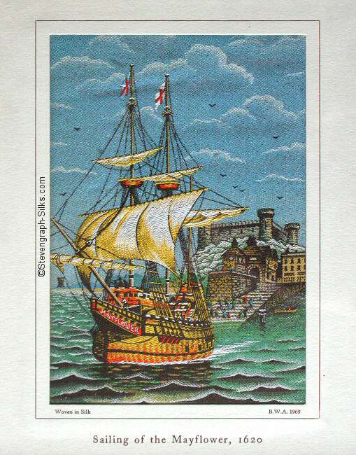 Brocklehurst-Whiston (BWA) silk picture of The Mayflower ship leaving harbour, mounted in later white card mount