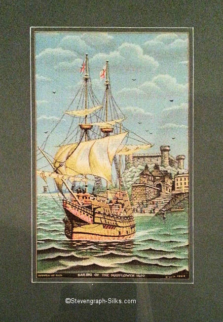 Brocklehurst-Whiston (BWA) silk picture of The Mayflower ship leaving harbour, mounted in original green card mount