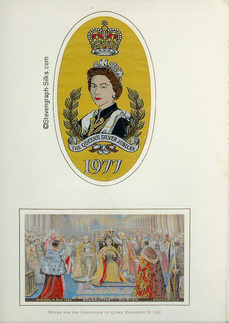 Queen Elizabeth II's Silver Jubilee, being a double silk of the 1977 Jubilee silk with a gold background, and the original 1953 Coronation silk
