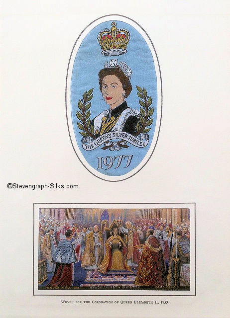 Queen Elizabeth II's Silver Jubilee, being a double silk of the 1977 Jubilee silk with a blue background, and the original 1953 Coronation silk
