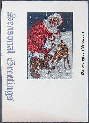 Christmas card with Seasonal Greetings and woven image of Father Christmas and a baby reindeer