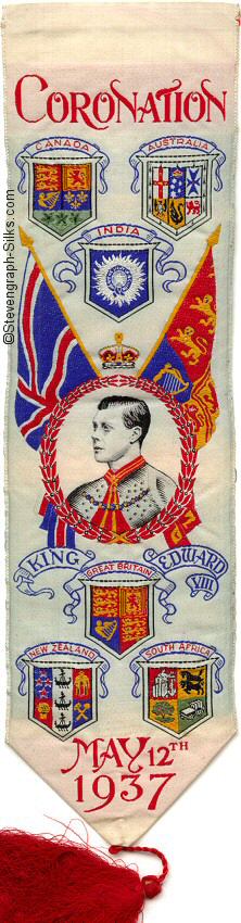 Ornate bookmark of flags and portrait of King Edward VIII, with all woven words in red silk