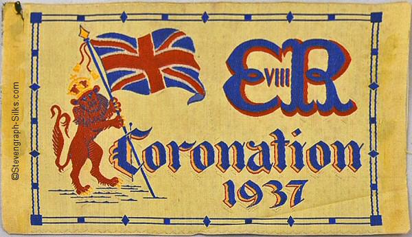 silk picture, with title words and image of a red lion holding the British Union Jack flag