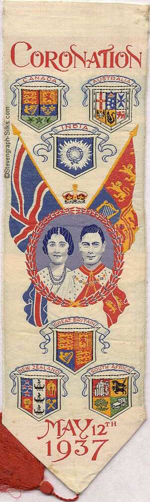 Ornate bookmark of flags and portrait of King George VI and Queen Elizabeth