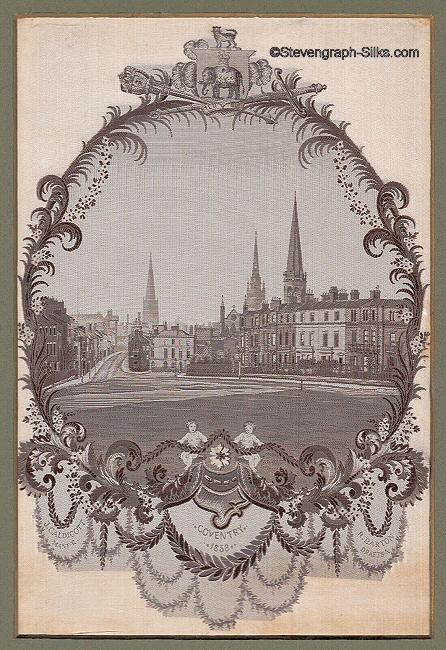 scenic view of three spires and an empty Greyfriars Green of Coventry, woven in black & white silk