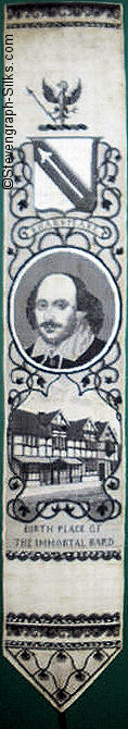 Bookmark woven in black and white silk, with image of Shakespeare