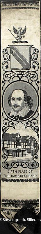 Bookmark woven in black and white silk, with image of Shakespeare