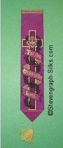 Bookmark with image of cross, around which is wound a ribbon containing the words