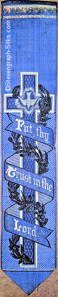 Bookmark with image of cross, around which is wound a ribbon containing the words