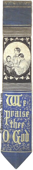 Woven silk bookmark with image of three choir boys, and title words
