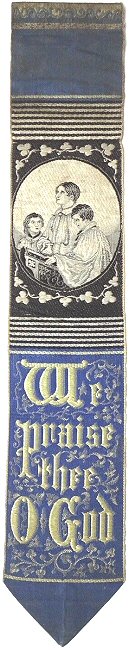 Woven silk bookmark with image of three choir boys, and title words