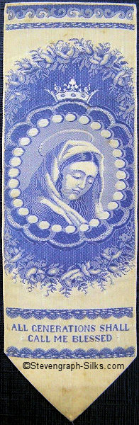Blue and white image of Madonna and words beneath