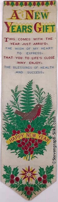 Bookmark with title words, words of verse, and image of robin in fern frongs and flowers