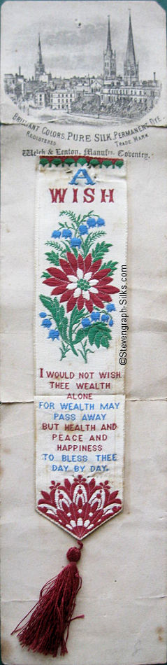 silk bookmark with title words, image of flowers, and words of a verse