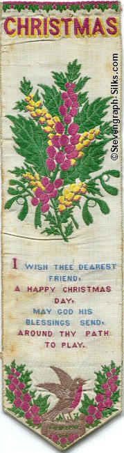 Bookmark with title words, image of holly, and mistletoe, and words of verse