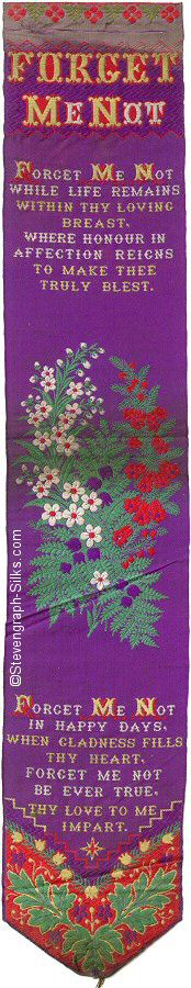 silk bookmark with title words, words of a verse, image of flowers followed by words of a second verse
