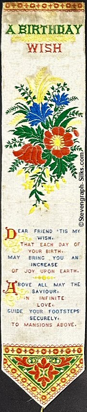 Silk bookmark with title words, flowers and two verses