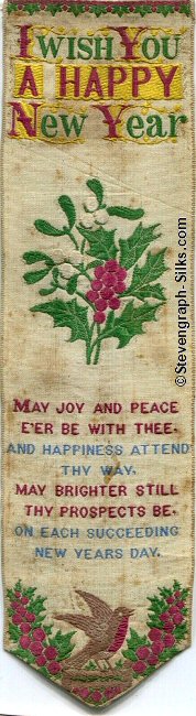 Bookmark with title words, image of holly with red berries and mistletoe with white berries; words of verse and image of robin