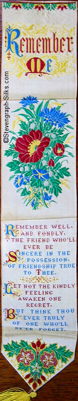 Silk bookmark with title words, flowers and words of a verse
