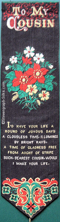 Silk bookmark with title words, flowers and words of a verse